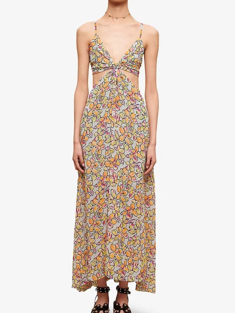 Maje Women's Size 40 Us 8 Rawaiene Floral Cut Out Blue Orange Maxi Dress New